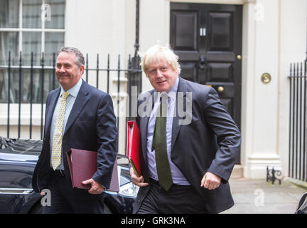 Boris Johnson, segretario di Stato per gli affari esteri e Liam Fox,il segretario di Stato per il commercio internazionale, a Downing Street per una riunione del gabinetto Foto Stock