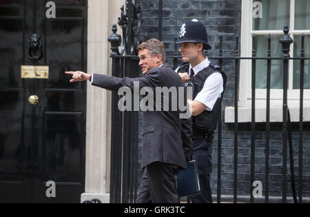 Chief Whip (segretario parlamentare al Tesoro) Gavin Williamson arriva a Downing street settimanale per la riunione di gabinetto. Foto Stock