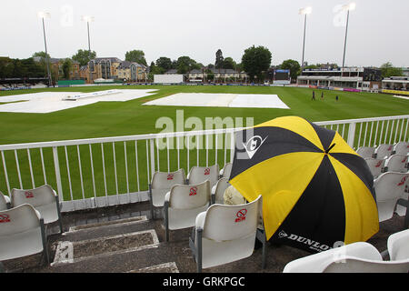 Uno spettatore ripari sotto un ombrello come la pioggia smette di giocare su due giorno - Essex CCC vs Surrey CCC - LV County Championship Division due Cricket presso l'Essex County Ground, Chelmsford Essex - 26/05/14 Foto Stock