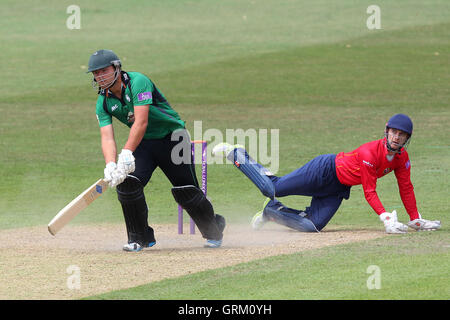 Joe Leach in azione di ovatta per Worcestershire come James Foster prende un capovolgimento - Worcestershire Rapids vs Essex Eagles - Royal London One-Day Cup a New Road, Worcester - 27/07/14 Foto Stock