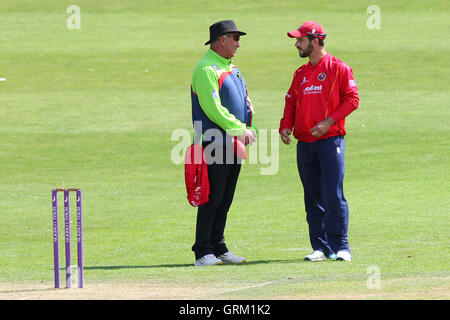 Essex skipper Ryan dieci Doeschate (R) parla di arbitro Peter Hartley dopo un altro ampio è segnalato - Yorkshire Vichinghi vs Essex Eagles - Royal London One-Day Cup a Scarborough CC, North Marine Road, Scarborough - 11/08/14 Foto Stock