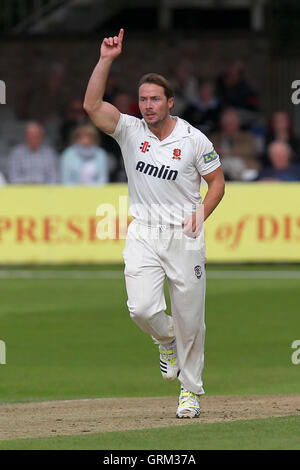 Graham Napier di Essex celebra tenendo il paletto di Ruaidhri Smith - Essex CCC vs Glamorgan CCC - LV County Championship Division due Cricket presso l'Essex County Ground, Chelmsford Essex - 18/09/13 Foto Stock