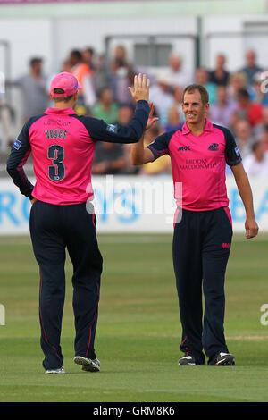 Neil Dexter di Middlesex (R) celebra il paletto di Tim Phillips - Essex Eagles vs Middlesex Panthers - Amici vita T20 Cricket presso l'Essex County Ground, Chelmsford - 12/07/13 Foto Stock