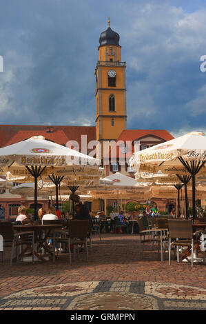 Bad Mergentheim, la piazza del mercato, il San Giovanni Battista cattedrale, Strada Romantica, Romantische Strasse, Baden-Wuerttemberg; Germania; Foto Stock
