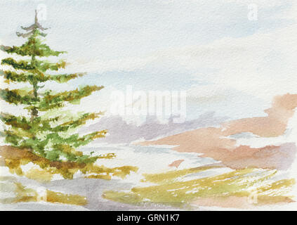 Paesaggio naturale con abete. dipinte a mano illustrazione ad acquerello Foto Stock