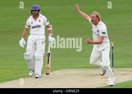 Mark Davies del Kent appelli per il paletto di Gautam Gambhir come Greg Smith si affaccia su - Kent CCC vs Essex CCC - LV County Championship Division due Cricket presso la massa di Spitfire, St Lawrence, Canterbury Kent - 11/09/13 Foto Stock