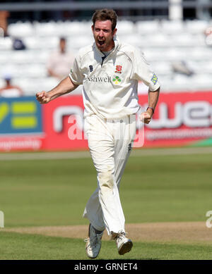 David Masters di Essex celebra il paletto di Kadeer Ali - Essex CCC vs Gloucestershire CCC - LV County campionato a Ford County Ground, Chelmsford Essex - 24/07/08 Foto Stock