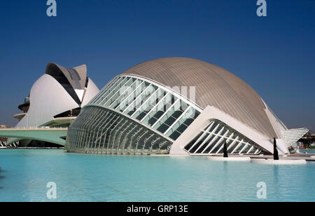 Edifici della Città delle Arti e delle Scienze di Valencia sono visti, in Spagna il 2 settembre 2016. Copyright fotografia John Voos Foto Stock
