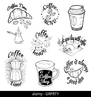 Set di coffee shop loghi. Etichette di caffè con un testo di esempio. Tazze, chicchi di caffè e attrezzature per le icone coffeehouse, espresso bar, ristorante, il confezionamento e la pubblicità. Logotipo vettoriale design. Illustrazione Vettoriale