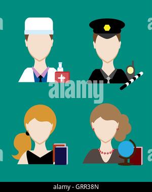 Professione persone cop, medico, devono affrontare gli uomini uniforme. Avatar in design piatto. Vettore Illustrazione Vettoriale