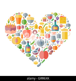 Le icone per il cibo e le bevande disposte a forma di cuore. Foto Stock