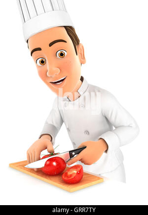 3d capo chef il taglio di un pomodoro, illustrazione isolato con sfondo bianco Foto Stock