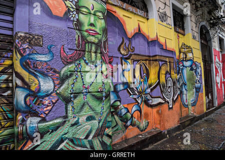 Arte dei graffiti su un muro nel quartiere Lapa di Rio de Janeiro in Brasile. Poiché 2009 Arte di strada in Brasile è legale se effettuata con il consenso dei proprietari degli immobili. Foto Stock