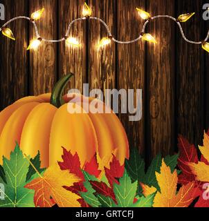 Foglie di autunno e zucca sulla texture in legno Illustrazione Vettoriale