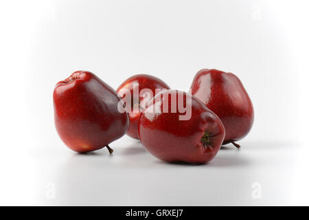 Quattro rosso lucido mele su off - sfondo bianco Foto Stock