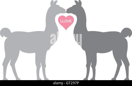 Llama Llove disegno vettoriale. Illustrazione di due llama baciare e un cuore tra loro che leggere LLOVE. Illustrazione Vettoriale
