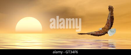 Eagle battenti al sole all'oceano dal marrone al tramonto - 3D render Foto Stock