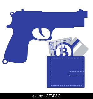 Icona stilizzata di una pistola colorata e portamonete con denaro bill, carta di credito bitcoin su un bianco Illustrazione Vettoriale