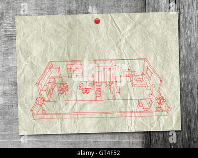 2d penna rossa freehand disegno di vuoto home appartamento su un vecchio foglio di carta con il pin su weathered grigio Sfondo di legno Foto Stock