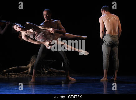 Olomouc, Repubblica Ceca. 08 Sep, 2016. Jiri, sinistra e Otto Bubenicek e ballerino svizzero Anna Herrmann ballare durante il balletto Orfeus premiere mondiale, mediante il quale i maestri di danza Jiri e Otto Bubenicek terminerà la loro carriera professionale, Olomouc, Repubblica Ceca, 8 settembre 2016. © Ludek Perina/CTK foto/Alamy Live News Foto Stock