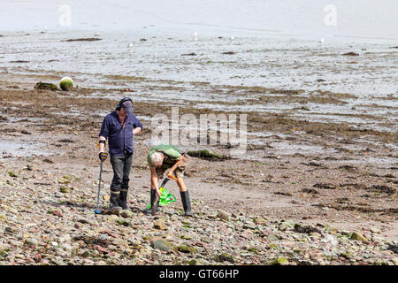 Due uomini usando un rivelatore di metalli a Dale beach, Pembrokeshire Foto Stock