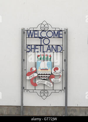 Benvenuto a le Shetland segno Foto Stock