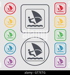 Icona di windsurf segno. simbolo sul Round e i pulsanti quadrati con il telaio. Vettore Illustrazione Vettoriale