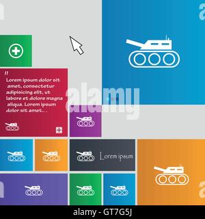 Serbatoio, guerra, esercito icona segno. pulsanti. Interfaccia moderna sito web pulsanti con i tasti cursore puntatore. Vettore Illustrazione Vettoriale