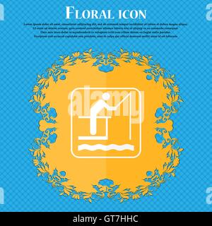 Icona di pesca. Floral design piatto su un blu sfondo astratto con posto per il vostro testo. Vettore Illustrazione Vettoriale