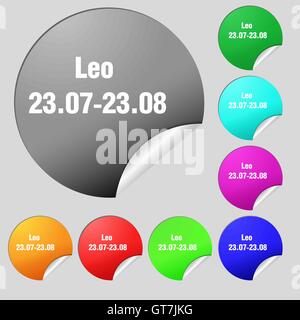 Leo Zodiac icona segno. Set di otto multi colore pulsanti rotondi, adesivi. Vettore Illustrazione Vettoriale