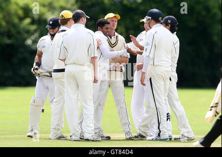 Ardleigh Green giocatori festeggiare il paletto di R Collard - Gidea Park & Romford CC vs Ardleigh Green CC - Essex Cricket League - 18/07/09 Foto Stock