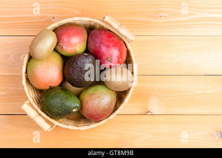 Vista dall'alto in basso di grandi dimensioni cestello rotondo con due maniglie piena di avocado, mango e kiwi su sfondo di legno Foto Stock