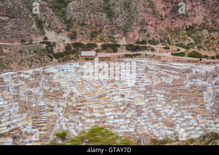 MARAS, regione di Cusco, Perù- Giugno 6, 2013: pre Inca tradizionale miniera di sale nella Valle Sacra Foto Stock