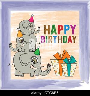 Infantile biglietto di auguri di compleanno divertente con gli elefanti, formato vettoriale Illustrazione Vettoriale