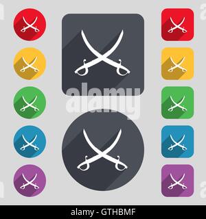 Attraversato l'icona saber segno. Una serie di dodici tasti colorati e una lunga ombra. Design piatto. Vettore Illustrazione Vettoriale