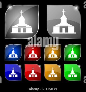 Icona della Chiesa segno. Set di dieci pulsanti colorati con abbagliamento. Vettore Illustrazione Vettoriale
