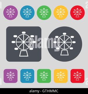 Ruota panoramica Ferris icona segno. Una serie di dodici tasti colorati. Design piatto. Vettore Illustrazione Vettoriale