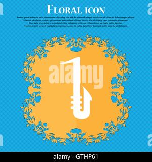 Il sassofono icona icona. Floral design piatto su un blu sfondo astratto con posto per il vostro testo. Vettore Illustrazione Vettoriale
