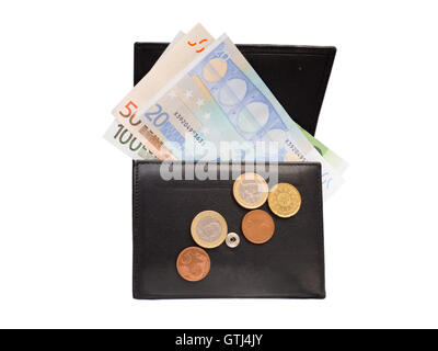 Aprire il nero portafoglio in pelle con le banconote e le monete in euro isolato su bianco Foto Stock