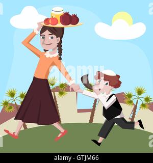 Rosh hashanah greeting card, un ragazzo e una ragazza con i simboli di vacanza cartoon illustrazione vettoriale Illustrazione Vettoriale