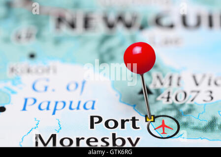 Port Moresby imperniata su una mappa di Papua Nuova Guinea Foto Stock