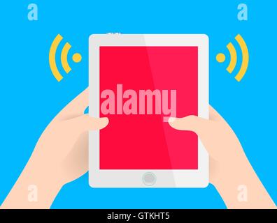 Mano azienda moderna di color rosso mobile smart phone. Icona del vettore per il web o app. Infographics. Tecnologie wireless per le persone. Illustrazione Vettoriale