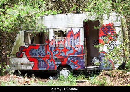 Caravan / Casa Mobile oggetto di dumping in un bosco, decorato con graffiti. Foto Stock