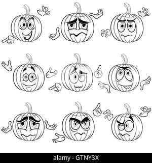 Set di nove divertenti zucche di Halloween che gesticulate con mani isolato su uno sfondo bianco, cartoon i contorni del vettore Illustrazione Vettoriale