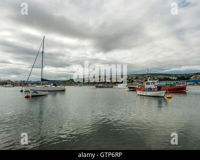 Paesaggio raffigurante la riva del mare lungo il fiume Teign a Teignmouth, con vedute del ponte Shaldon e Shaldon in background Foto Stock