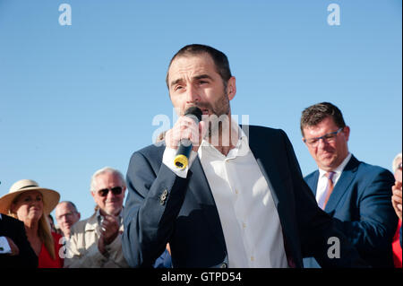 Ostenda, Belgio. 09Sep, 2016. Michael Pass interventi prima che il rivelare della stella per la regia di Nic Balthazar nel boulevard di Ostenda all'inizio del film festival di Ostenda. Credito: Frederik Sadones/Pacific Press/Alamy Live News Foto Stock