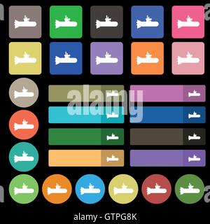 Icona sottomarino segno. Set da venti sette multicolore pulsanti piana. Vettore Illustrazione Vettoriale