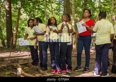 Detroit, Michigan - quinta elementare gli studenti di Dixon scuola elementare, escursione sul ponte di pietra Sentiero Natura Rouge Park. Foto Stock