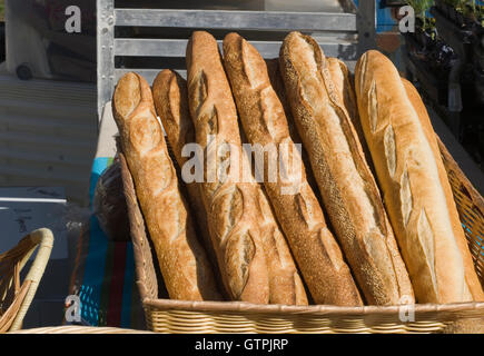 Pane fresco Francese a Boulder Mercato Agricolo, baguette Foto Stock