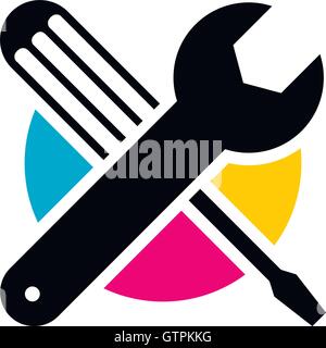 Isolato colorati strumenti tecnici logo vettoriale. Attrezzature meccaniche logotipo. La forma rotonda illustrazione vettoriale. Chiave regolabile Illustrazione Vettoriale